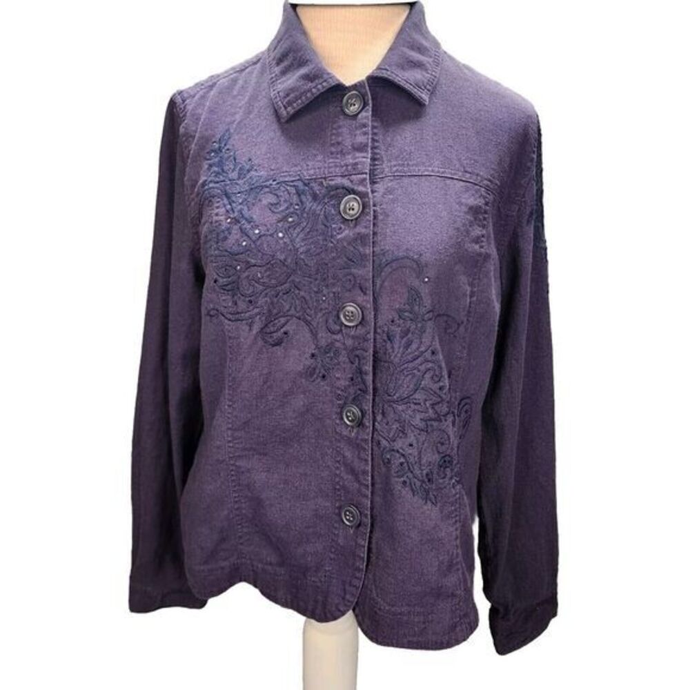 Appleseed's‎ Women's Petite Button Up Large Linen Blend Embroidered Collared